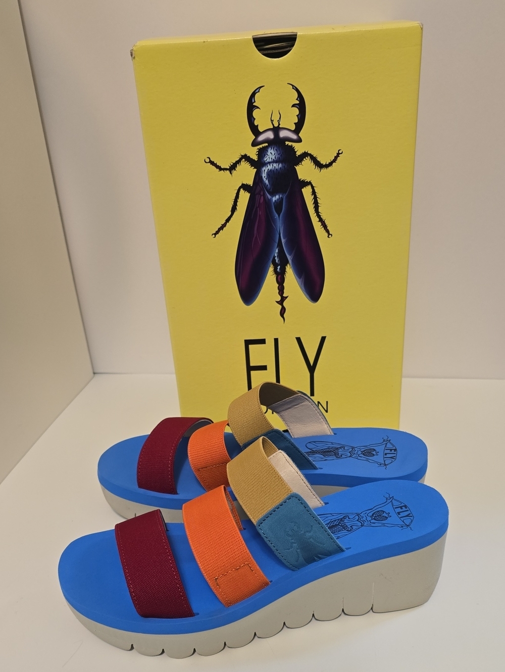 Fly London Multi-Color Platform Slide Sandals - New In Box Sz 8 - Picture 1 of 9